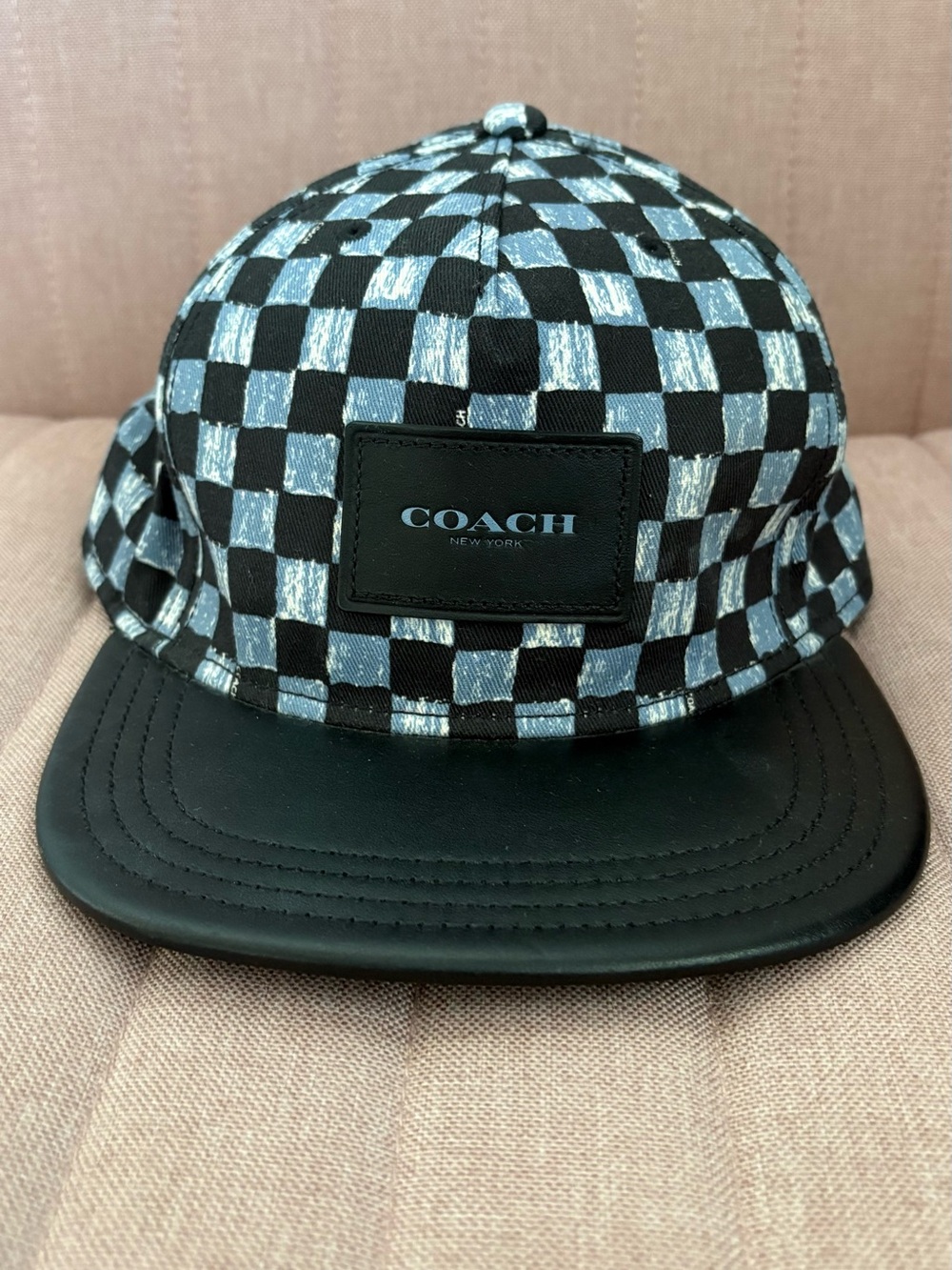 Coach Black and Light Blue Checkered Hat with Leather Brim